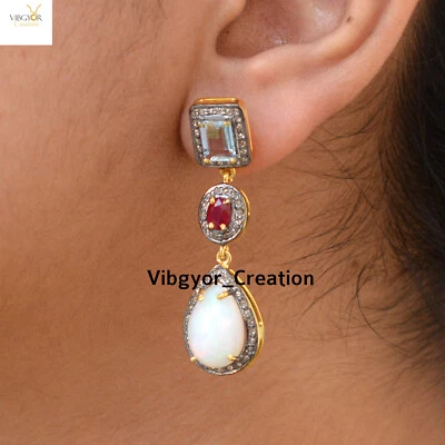 Pave Diamond Dangle Earrings Multi Gemstone Jewelry 925 Solid Silver Earrings - Image 1 of 4