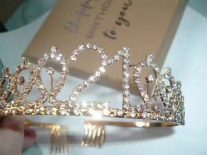Gold Tone White Rhinestone Happy Birthday 21 Tiara Crown New w Box - Picture 1 of 4