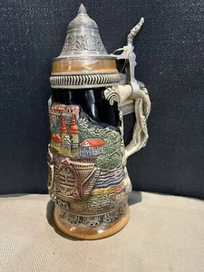 Vintage Lidded Beer Stein German Cities In Relief; Munich, Heidelberg, Wiesbaden - Picture 1 of 7