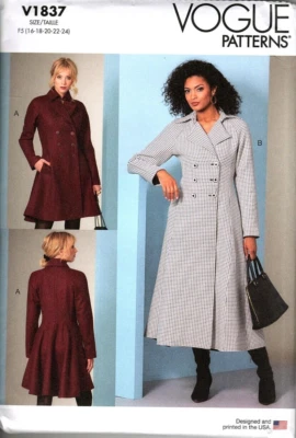 Vogue V1837 Misses 16 to 24 Double Breasted Flared Coat Uncut Sewing Pattern - Image 1 of 2