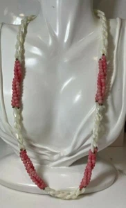Vintage 3T Trenzado Blanco Mop Nácar Rosa Cuentas de Cristal Collar 5k 65 - Imagen 1 de 4