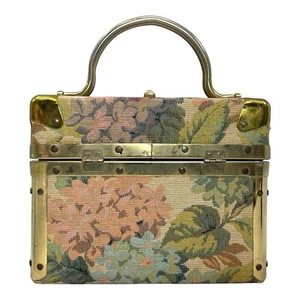 Vintage 40s 50s DELILL Tapestry Carpet Box Bag Handbag Floral Brass Top Handle - Picture 1 of 22