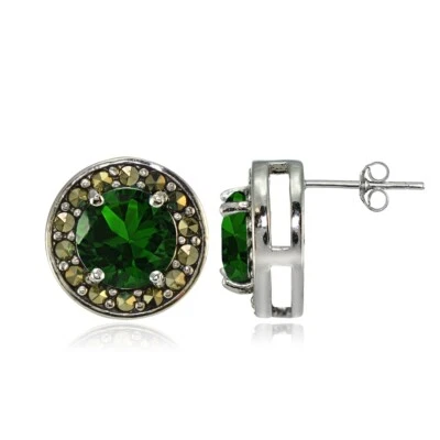 Sterling Silver Created Emerald and Marcasite Halo Stud Earrings - Image 1 of 4