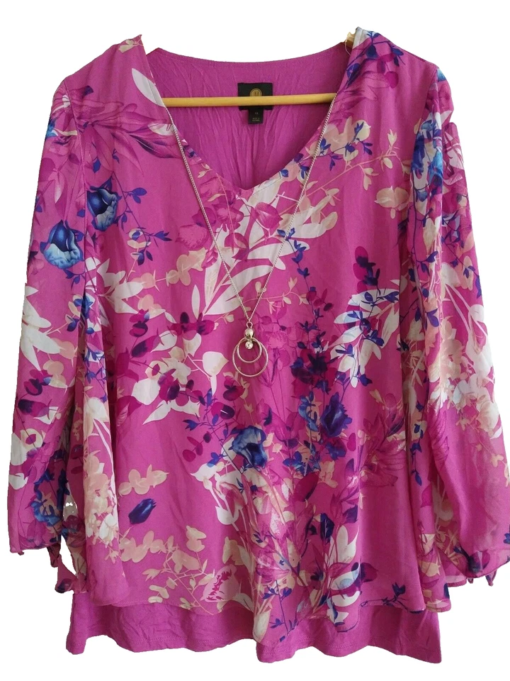 JM Collection FloralPrinted Necklace Top Med Pink Size 1x