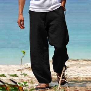Men's Beach Natural Cotton Linen Pants Summer Relaxed Fit Solid Color Trousers. - Picture 1 of 15