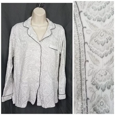 Charter Club Medium Pajama Button Down Top Cotton White Gray Paisley M Top Only - Image 1 of 4