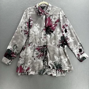 Top Vera Wang para mujer XL gris floral con botones atado cintura manga larga cuello - Imagen 1 de 9