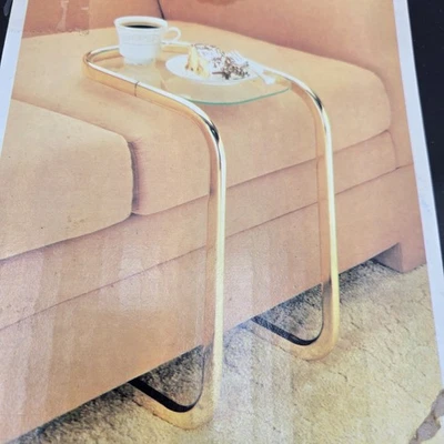 Adjustable C Shaped Under the Sofa / Bed Table - Brass and Glass Look - New - Image 1 of 3