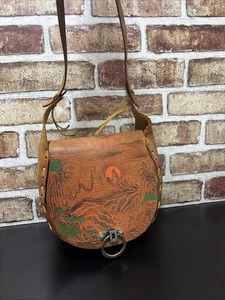 Vintage Leather Saddle Shoulder Bag Purse Handbag Hand Tooled Western Theme - Picture 1 of 18