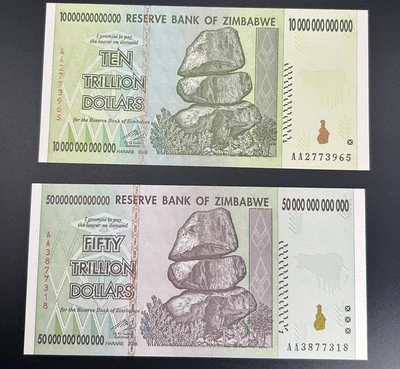 Ten & Fifty Trillion Dollars Zimbabwe Notes AA 2008 Series Hyperinflation Note - Image 1 of 2