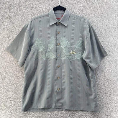 Camisa Bamboo Cay Hombres Pequeña Gris Salvia Campamento Hawaiano Aloha Bordada Tropical Foto 1 de 4