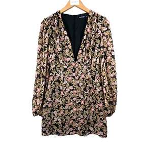 Nasty Gal Robe Mini Ajustée Femme 36 Marron Beige Fleurie Col V Manches Longues - Imagen 1 de 7