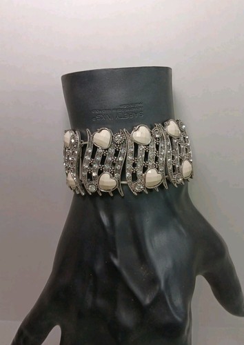 OFF WHITE Splendido Bracciale Elasticizzato Tono Argento Strass Trasparenti Bianco Fuori Pietre Cuore