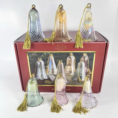 Juego De 6 Adornos De Campana De Navidad Iridiscente Cristal LENOX De Colección con Caja Nuevo De Lote Antiguo Foto 1 de 4