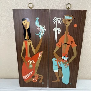 Vtg MCM Calypso Spanish Dancers Hanging Art Wall Decor Wood Hand Colored 8x21 ea - Picture 1 of 15