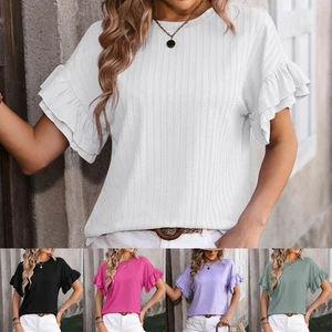 Women's Solid Color Flutter Sleeve TShirt Round Neck for Summer Vacation - Picture 1 of 72