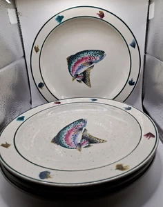 4 platos de ensalada FOLKCRAFT de gres trucha arco iris pesca con mosca 8-3/8" Scotty Z - Imagen 1 de 5