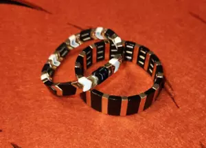 2 Fashion Stretch Metal Bracelets ~ Black & Gold and Black, Gold & White - Picture 1 of 5