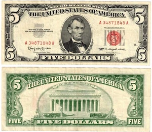 1963 USA United States Notes 5 Dollar Banknote P383 Red Seal Circulated e - Picture 1 of 1
