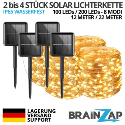 2-4 LED Solar Draht Lichterkette IP65 Sommer Außen Garten 12/22m Warmweiß Party - Bild 1 von 4