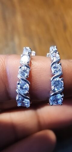 Designer 925 Sterling Silver Clear Stones Huggie Hoop Earrings <script type=