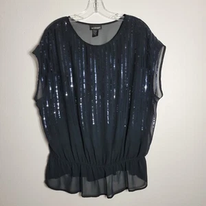 Lane Bryant Blue Sequin Top Size 14/16 Sheer Cap Sleeve Elastic Hem Blouse - Picture 1 of 4
