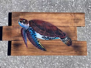 MEERESSCHILDKRÖTE OZEAN LUFT GEBÜRSTET WANDKUNST INSEL WOHNDEKO TIKI BAR TROPISCHE TERRASSE - Bild 1 von 1