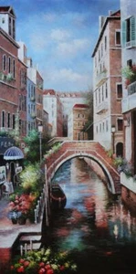72x36 Canal de Agua Estrecho con Flores, Puente y Barco en Venecia de Italia Aceite - Imagen 1 de 1