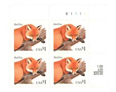 Estampillas de USPS 1998 $1 zorro rojo #3036 bloque de placas, MNH Foto 1 de 2
