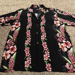 Favant Herren Hawaiihemd tropisch Blumenmuster schwarz pink seitlich Viskose - Bild 1 von 5