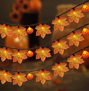 13.6FT LED Fall Thanksgiving Lights Leaf String Lights 25 Orange Leaf 10 Pumpkin - Picture 1 of 9