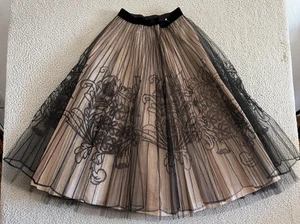 Vintage 50s Skirt Small Circle Tulle Midi Lined Floral Mesh Black Pink 1950s - Picture 1 of 6