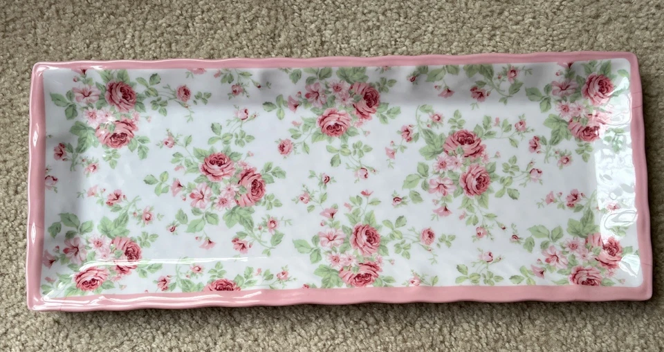 Shabby Chic Rachel Ashwell PINK Roses FLORAL White Melamine 19" Serving Tray NEW - Image 1 of 1