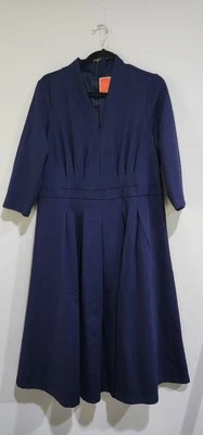 Modcloth Navy Heavyweight Career Office Midi Dress 3/4 Sleeves V-Neck Sz 2X - Image 1 of 4