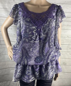 NWT Apt. 9 Blouse Medium Purple Paisley Floral Ruffled Crochet Lace Neckline Top - Picture 1 of 12