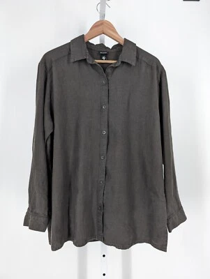 Camisa Eileen Fisher Vintage Linho Corante Natural Mocha Feita nos EUA Média Camponesa Boho - Imagem 1 de 4