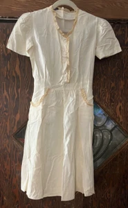 Vintage 40s/50s Hoda Diagonal Eastman Ivory Acetate Rayon House Dress Lace Trim - Picture 1 of 7