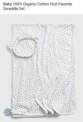 NUEVO CON ETIQUETAS Baby Gap Algodón Orgánico Blanco Lunares 2 piezas Manta Envoltura y Diadema Lazo Foto 1 de 2