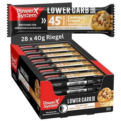 POWER SYSTEM Protein Riegel Lower Carb Bar Cookies & Cream 28 x 40g Low Sugar