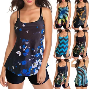 Women's Plus Size Vintage Print Strappy Back Tankini Set Two Piece Swimdress New - Picture 1 of 28