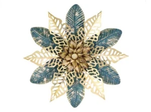 54cm Gold & Blue Floral Metal Wall Art Garden Patio Outdoor Home Decor Xmas Gift - Picture 1 of 2