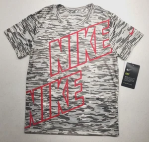 Nike Boy's Dri-Fit Short Sleeve T-Shirt, Smoke Gray Camo w/Red NIKE, Size 7, NEW - Picture 1 of 5