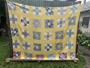 VTG Nine Patch Hour Glass Antique Feedsack Hand Pieced 100x89 Contrary Wife 1940 - Picture 1 of 24