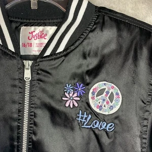 Justice Embroidered Bomber Jacket Girls 16/18 Black Long Sleeve Peace Love Logo - Picture 1 of 12