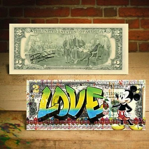 MICKEY MOUSE Graffiti LOVE Genuine $2 US Bill Pop Art SIGNED by Rency / Banksy - Picture 1 of 3