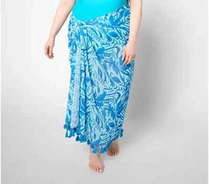 Susan Graver Soleil Printed Sarong Tassel Aqua Watercolor Plus One Size A636615 - Picture 1 of 1