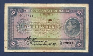 (DN) Malta 10 Shillings 1939 P-13 Fine/VF - Picture 1 of 2