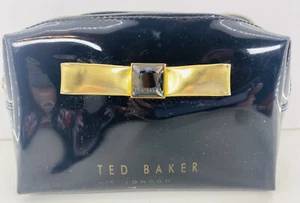 Ted Baker London Black Cosmetics Make-up Bag Case Gold Bow With Center Gem - Picture 1 of 12