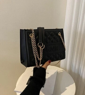 Black Ladies Shoulder Bag Women Ladies Bucket Drawstring Chain Handbag Small - Image 1 of 4