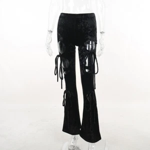 Women Punk Gothic Pants Flared Trousers Velour Hollow Out Leggings Lace Up - Picture 1 of 14